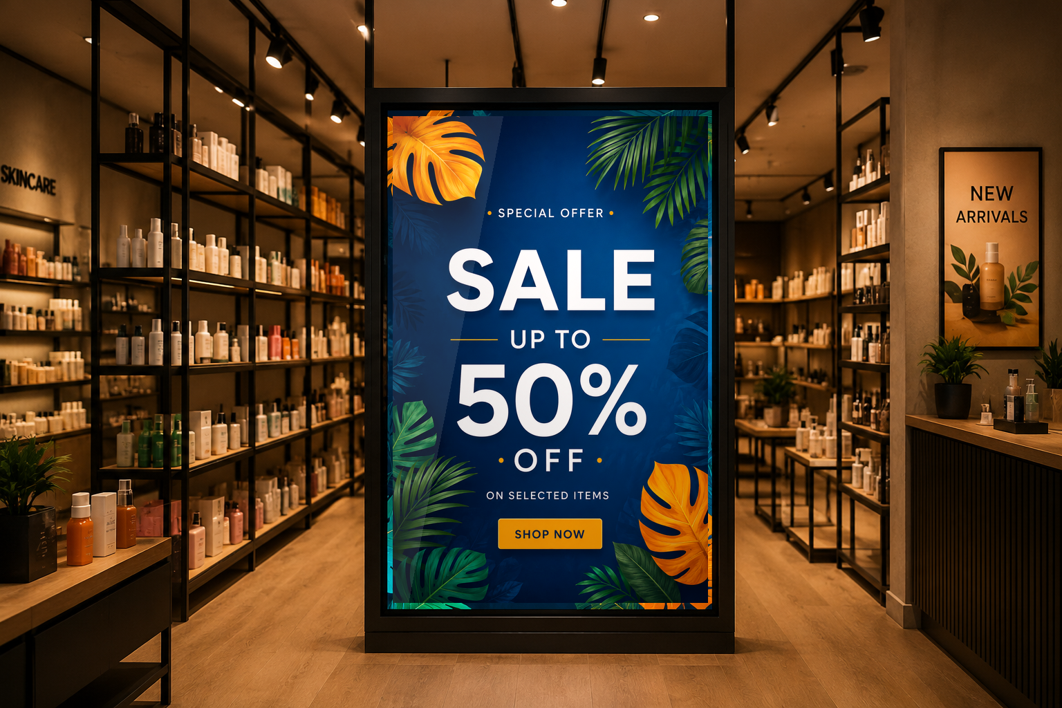 Sale poster displayed on a screen in a store